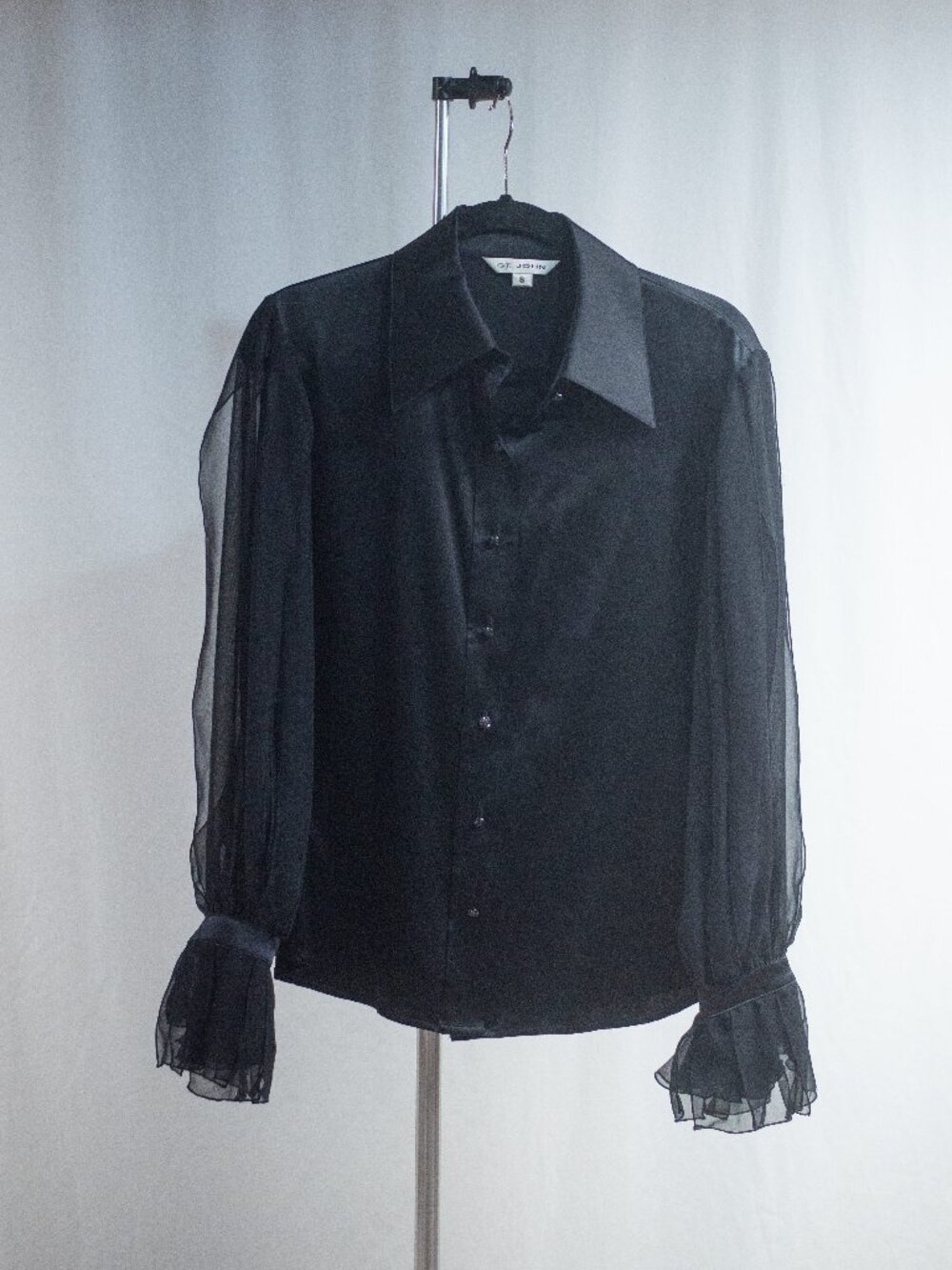 St. John Black Silk Button Down Blouse w/ Sheer Bishop Sleeve Ruffle Cuff